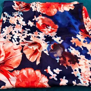 Vince Camuto 100% Silk Floral Scarf Navy Blue Coral Red Large Oblong 17"x72"